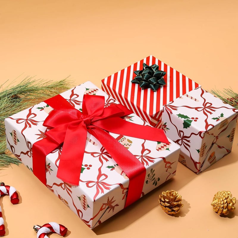 LaRibbons Reversible Foil Christmas Wrapping Paper, Metallic Red Foil Bows with Holly & Stockings Design, Retro Holiday Gift Wrap for Xmas Presents & Decoration, 17 Inch × 33 Feet - Image 5